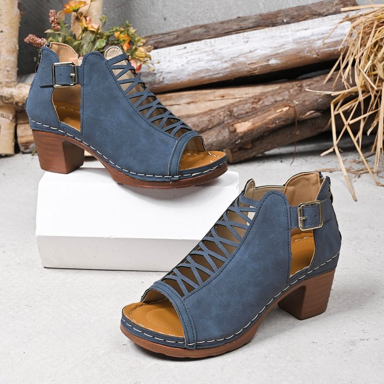 plus size  summer new chunky heel high heel roman peep-toe cutout buckle strap sandals, size 43,