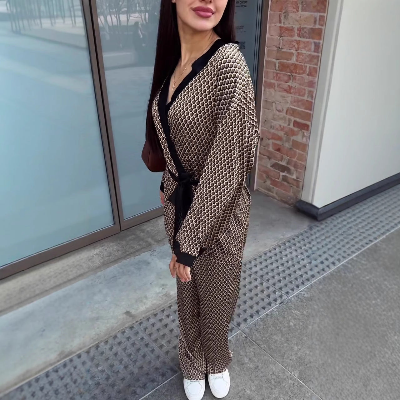 European and American large-size contrasting color printed cardigan shirt casual trousers   women's clothing new foreign style two-piece set women