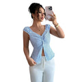 listing: new  women's slim-fit elegant ruffle neck short-sleeve blouse