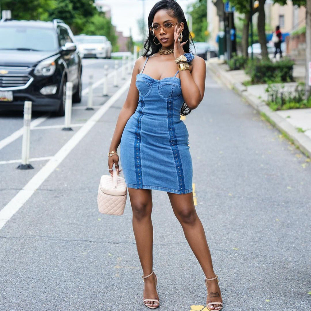European and american style stretch denim skirt -  cross-border women's sexy 3d floral buckle suspender dress