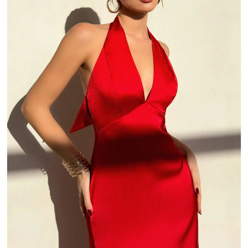 Solid color backless bowknot bodycon maxi dress, women's elegant party dress for evening events and dates