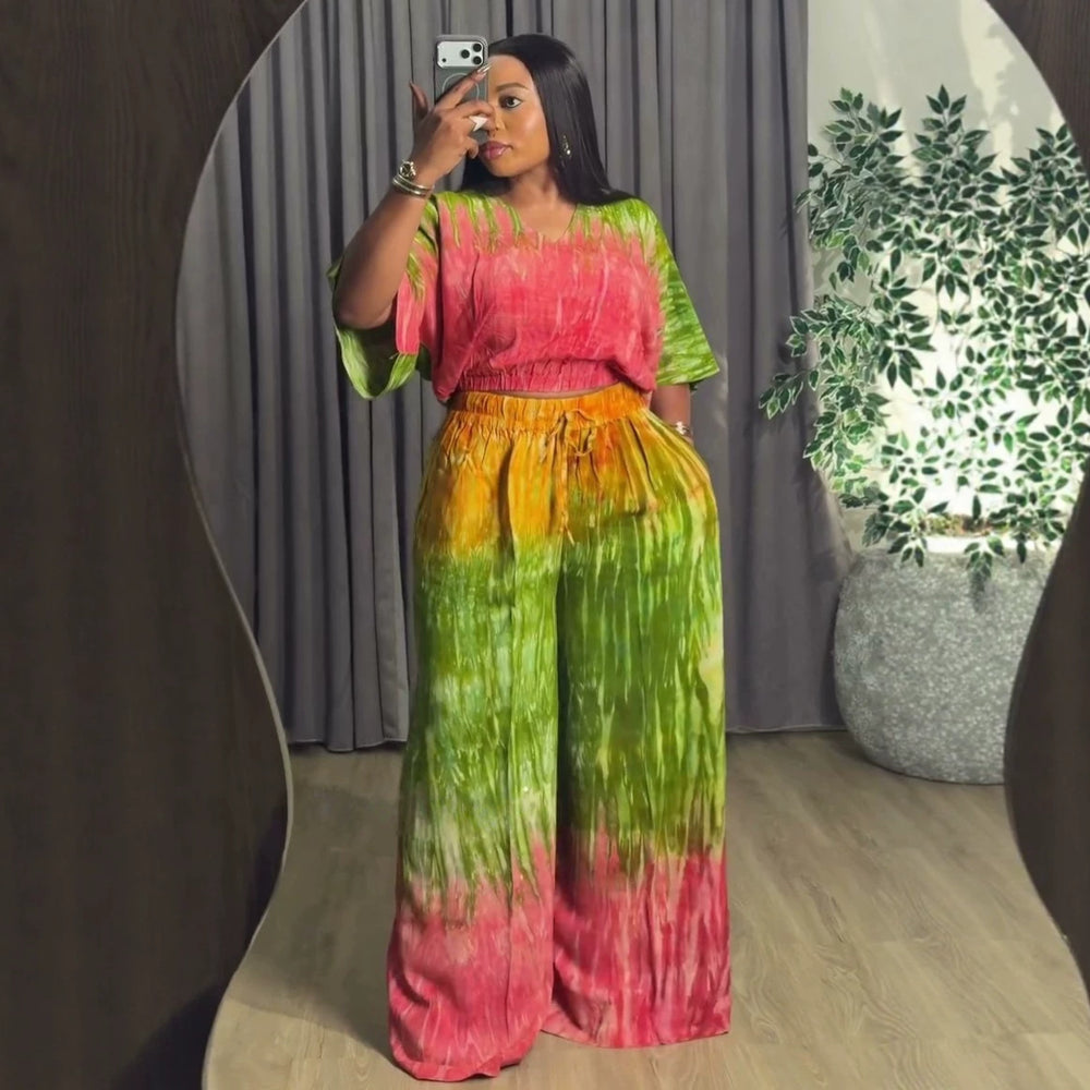 European and american cross-border african women's clothing  summer new fashion loose plus size printed v-neck top and pants set