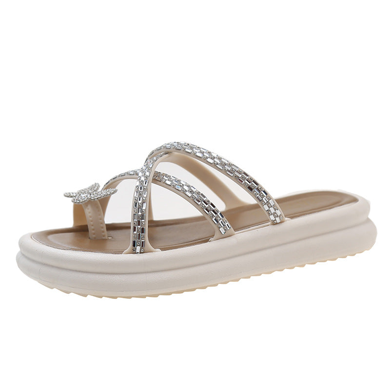 High-end sandals for women, perfect for wearing outdoors. new summer styles, trendy and popular, featuring rhinestone butterfly embellishments, thong design, and chunky platform soles