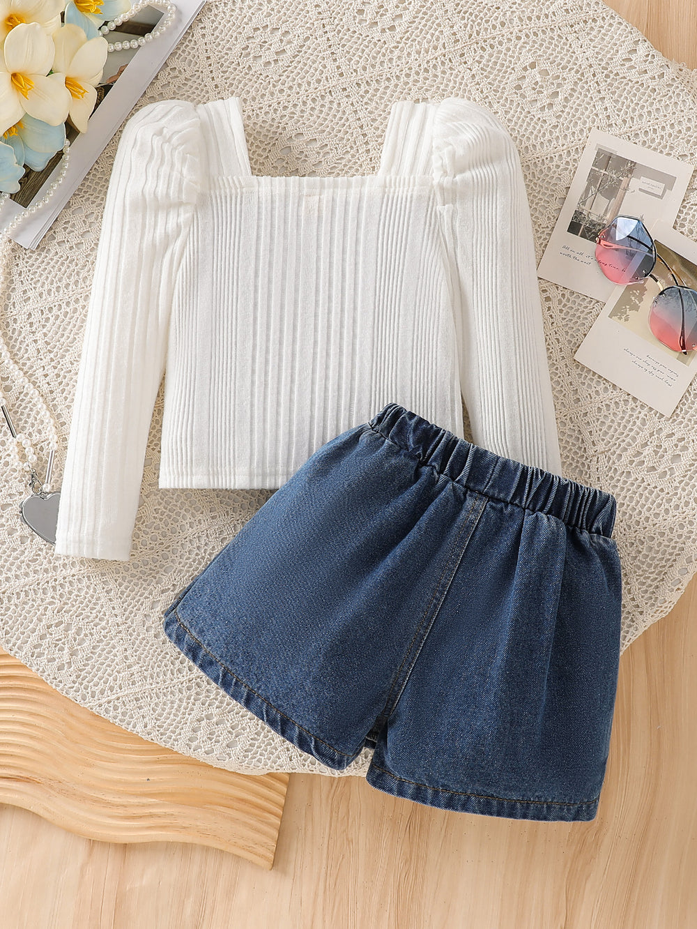 new autumn/winter cross-border girls' bubble sleeve top and heavy-duty denim beaded skort set - two-piece outfit