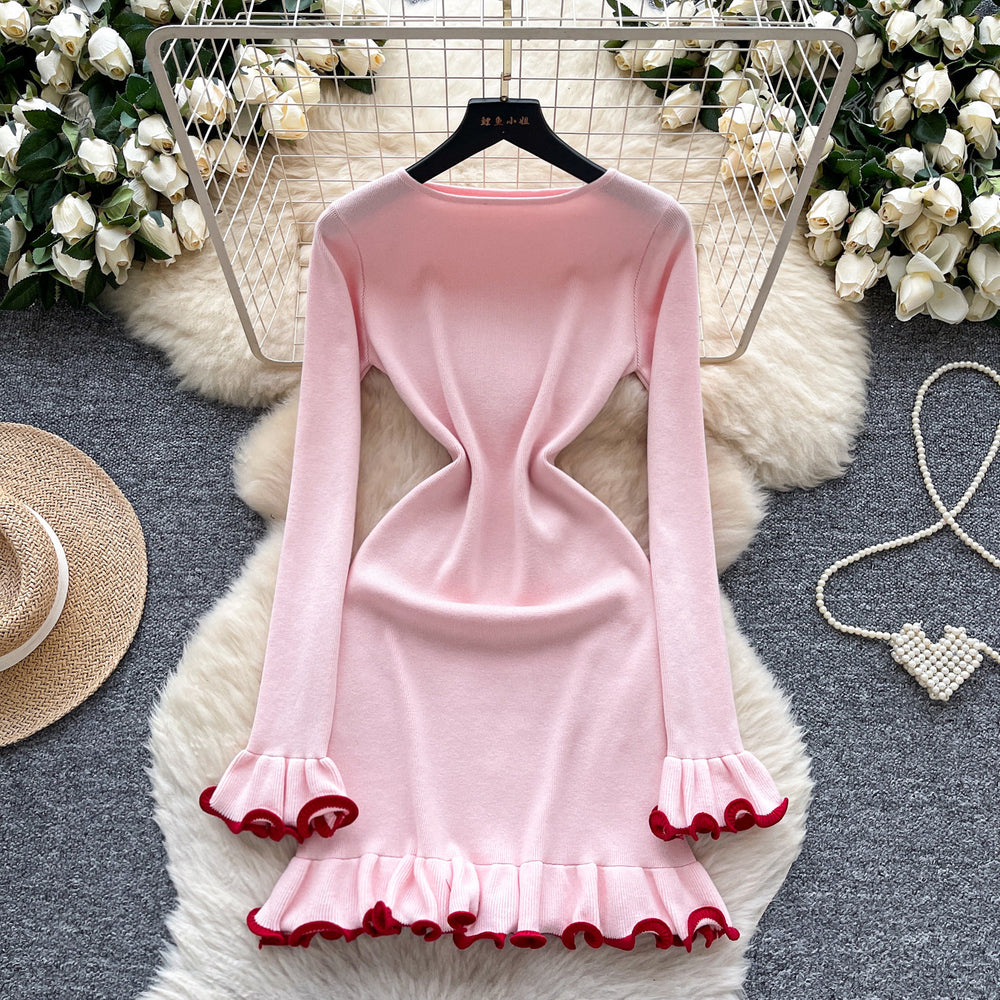 Premium inner layer autumn/winter sweater dress -  new sexy slimming ruffle long sleeve knitted dress