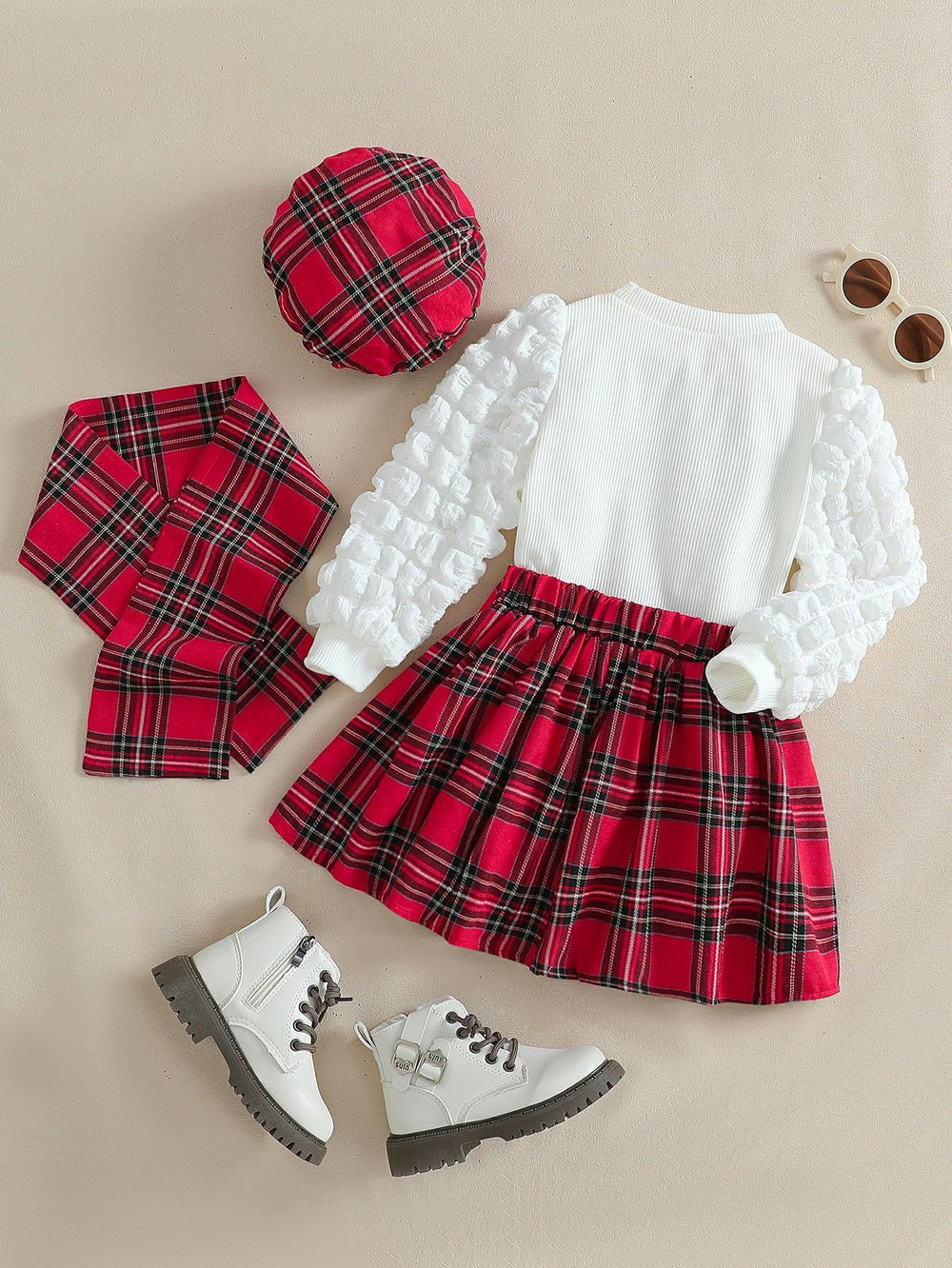 fashionpreppy style girlsuitbubble long sleeves round neck bowsplaid skirt scarf beretsuit