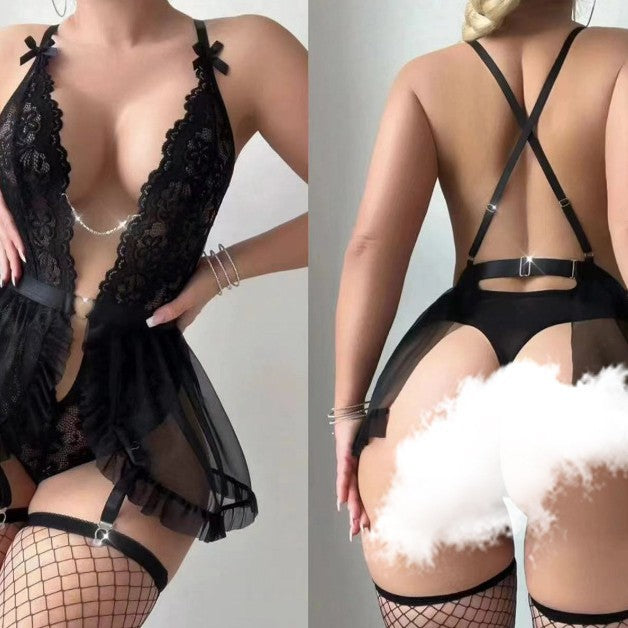 European and american new plus size lingerie, sexy see-through lace mesh nightgown with strappy rhinestone detail, seductive bodysuit