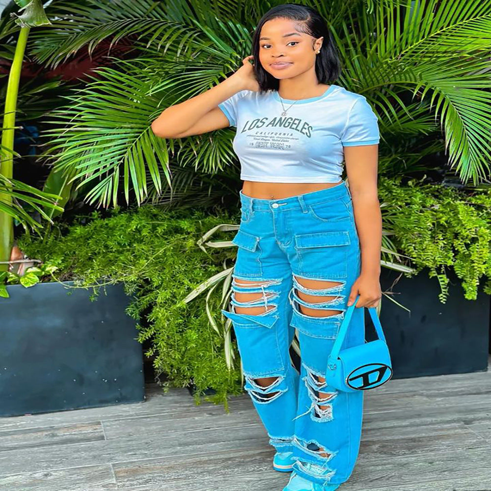 European and american cross-border women's fashion:  street style, edgy, high-waisted, distressed, multi-pocket, straight-leg jeans