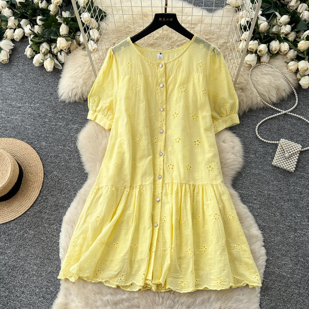 French chic yellow cutout embroidery dress - women's summer short sleeve a-line dress - elegant, slim-fit, and perfect for work