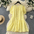 French chic yellow cutout embroidery dress - women's summer short sleeve a-line dress - elegant, slim-fit, and perfect for work