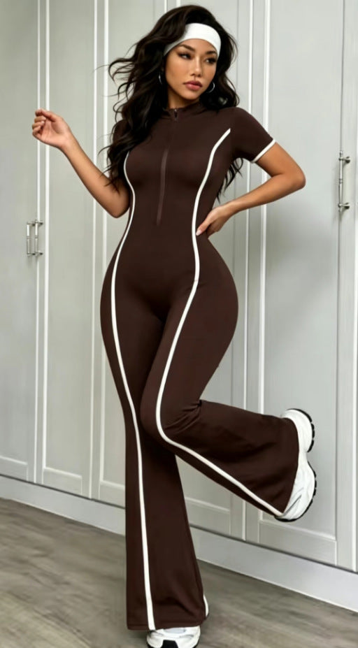color block peach lift yoga outfit - quick-dry bodysuit, gym elastic casual activewear, flare leggings