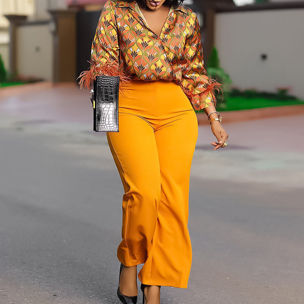 D541 european and american clothing independent station  printing long sleevesshirteleganteleganceloose pantsfashion african suit