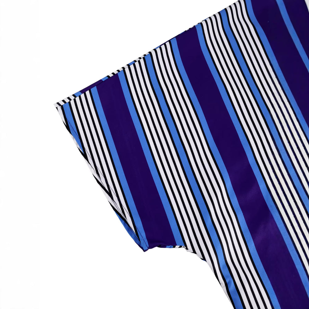 African ethnic striped dress - loose sleeve v-neck drawstring contrast color satin bubu robe dress
