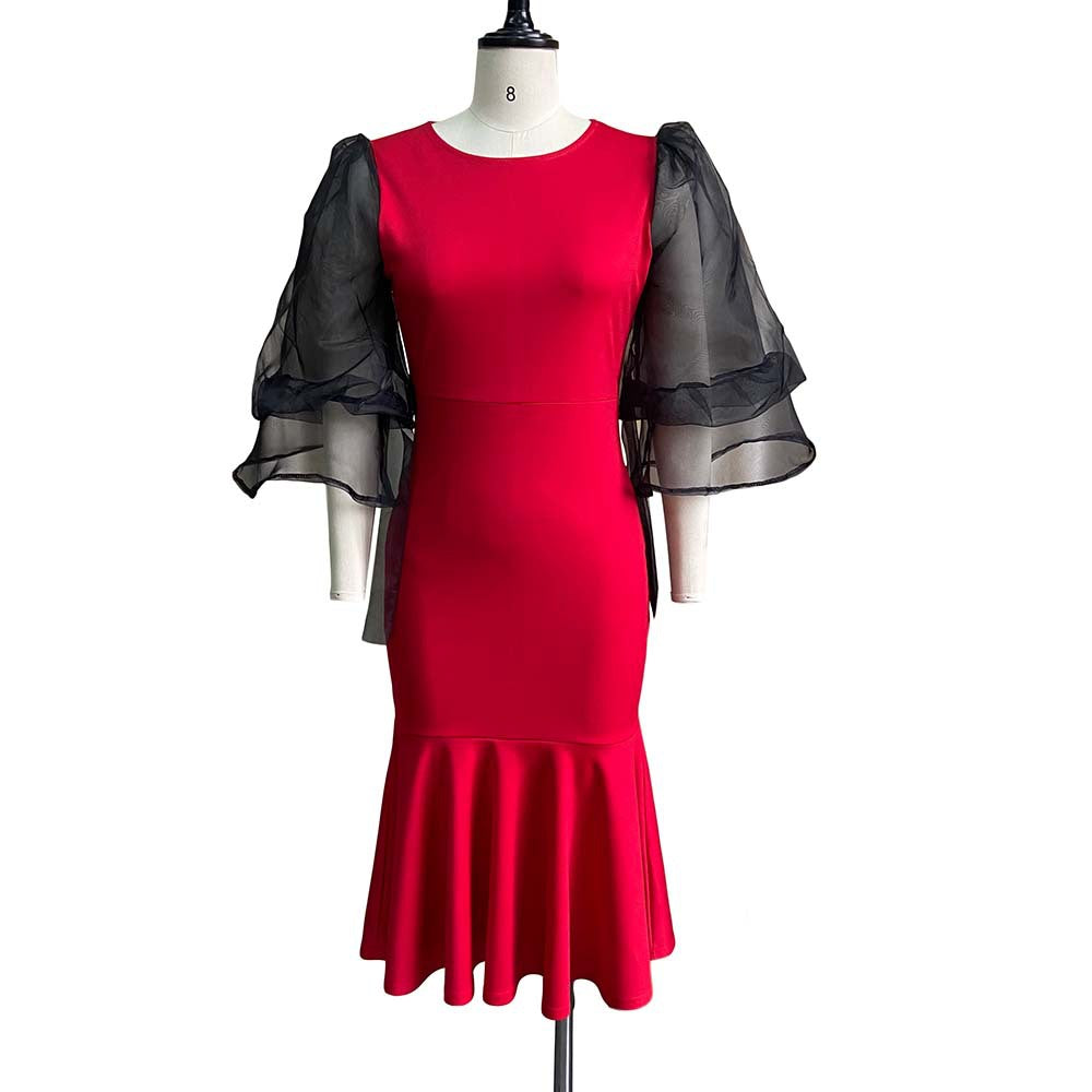D172  independent station mesh splicing fishtail dress european and american fashion large size hip-covering cross-border dress