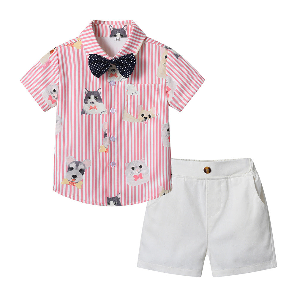 Summer new arrivals: fresh printed boys' summer outfit - trendy animal print two-piece shirt set for little men