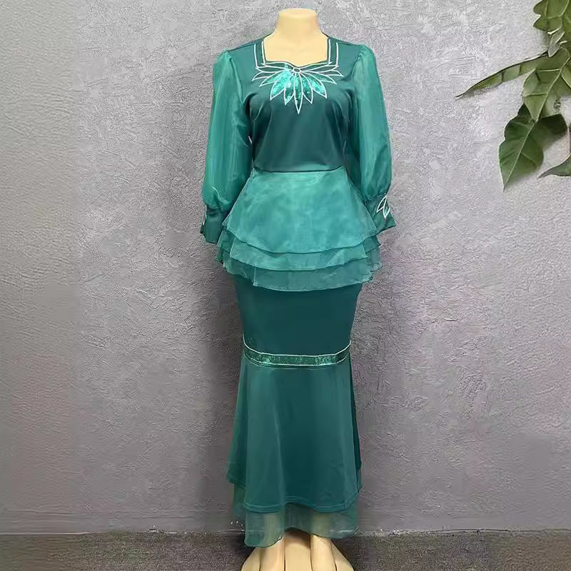 supply of african women's clothing, lotus leaf organza puff sleeve tops and skirt embroidered sequinsuit special price