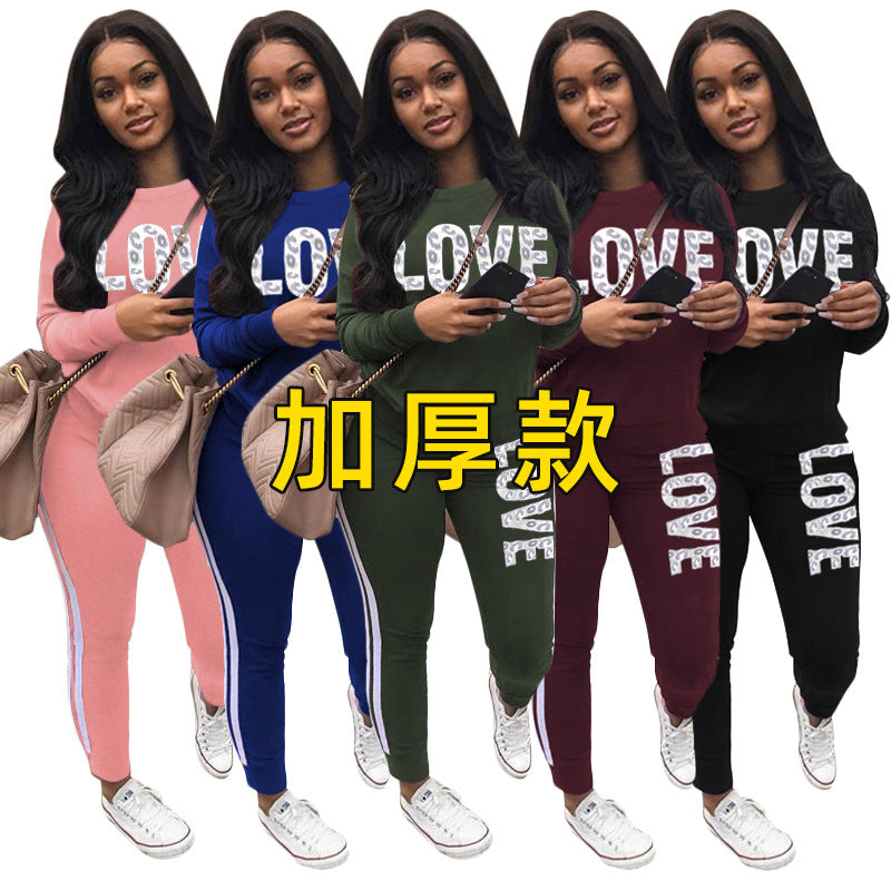 S38555 cross-border wholesale european and american women's clothing casual fashion letter printing [thickened] sports suit for women