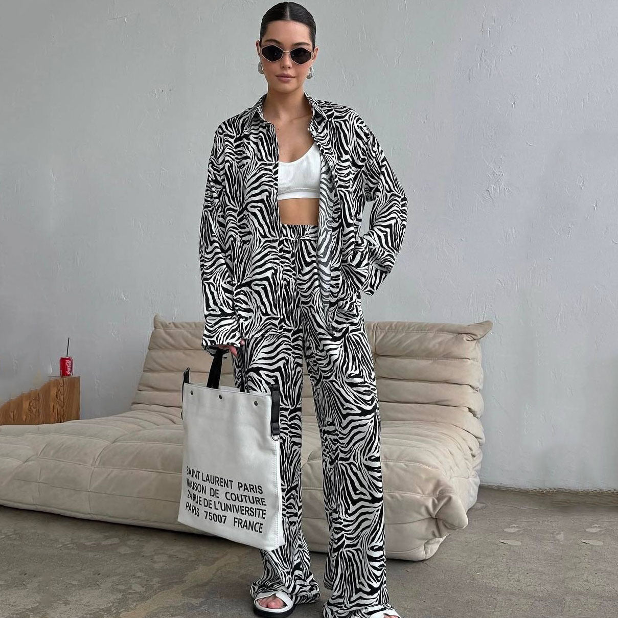 Cross-border European and American suit women's cardigan long-sleeved zebra pattern new shirt trousers women's  foreign style women's two-piece set