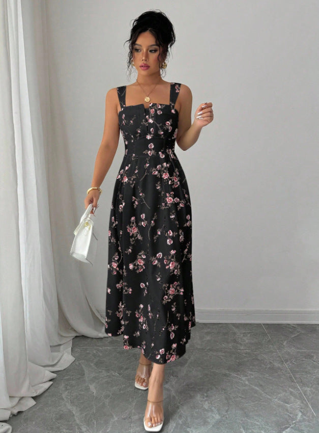Sense of design new arrivaldress women's summer floral chiffon over-the-knee long skirt short sleeve k-style skirt super fairy style