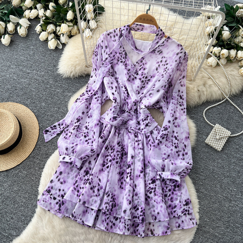 French retroelegancev neck ribbon long sleevesprintingdress women's waist slimming look a line skirt work clothing