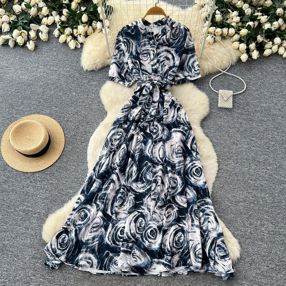 Vintage print a-line dress - women's summer short sleeve, slim fit, elegant long dress