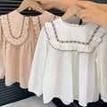 Girls' korean style all-season fashionable and versatile two-tone embroidered floral shirt - trendy, popular, and refreshing top
