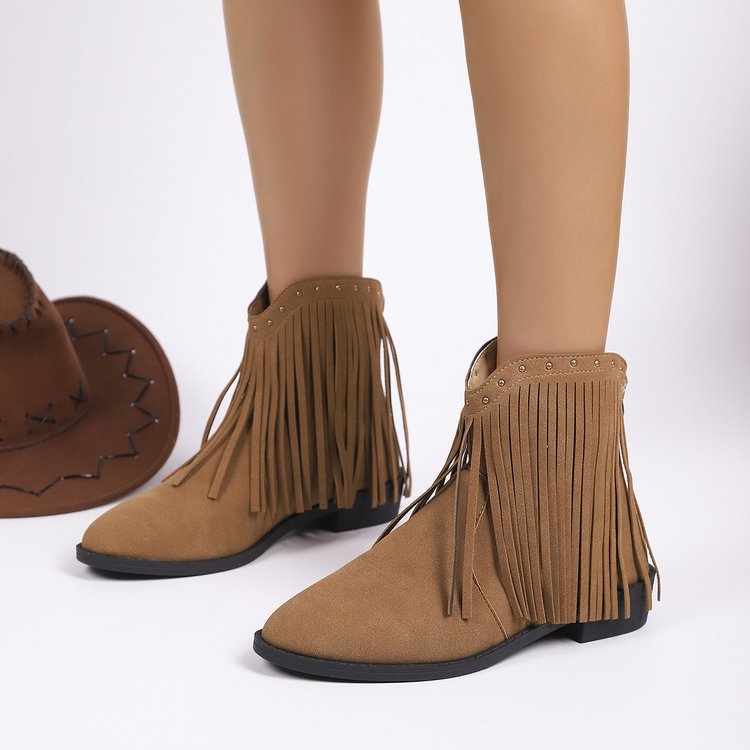 new arrivalretro  frosted short boots women's pointed toe bootsplus size tassel rivet western cowboy boots