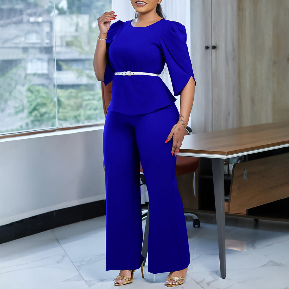 D558 women's foreign trade fashion set : elegant solid color top and wide-leg pants two-piece outfit - european and american style