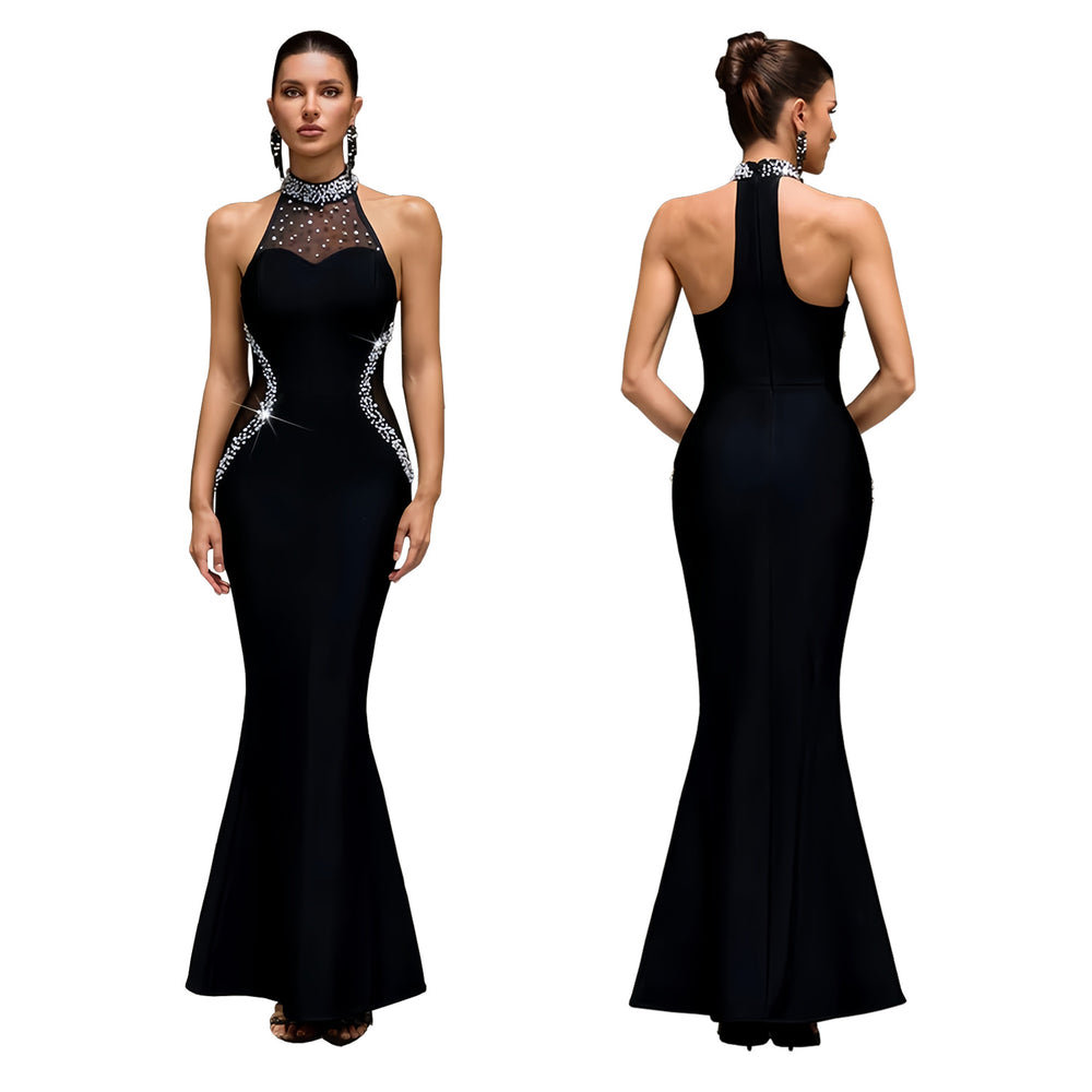 C7737 cross-border   fashion women's halter neck rhinestone mesh mermaid party dress