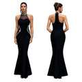 C7737 cross-border   fashion women's halter neck rhinestone mesh mermaid party dress
