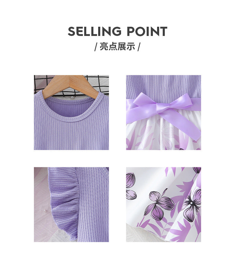 summer children's dress purple knitted flutter sleeve patchwork bowknot floral pattern girls' cute dress