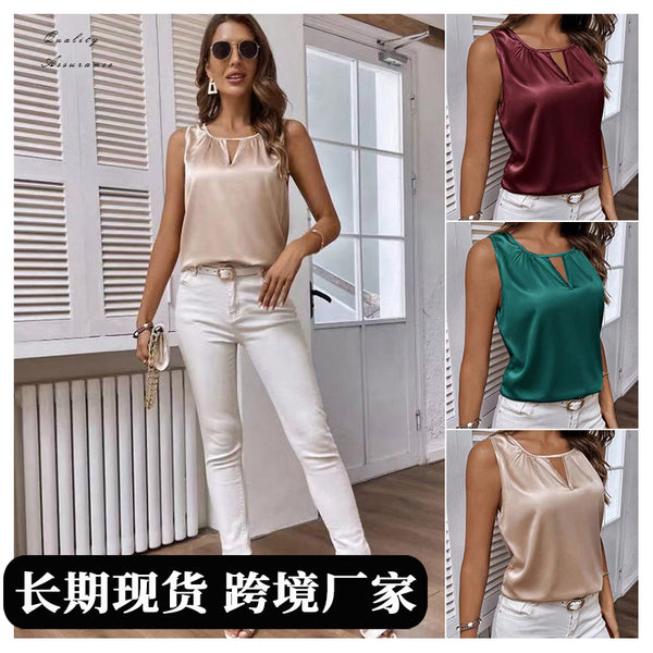 Cross-border European and American women's clothing 2025 summer new satin pleated T-shirt satin vest hollow sleeveless top spot