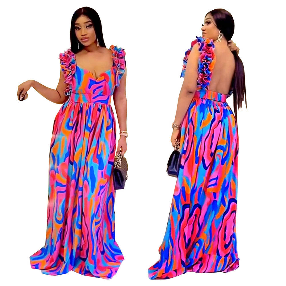C7512 cross-border   fashionable european and american women's elegant ruffle strap printed dress - new
