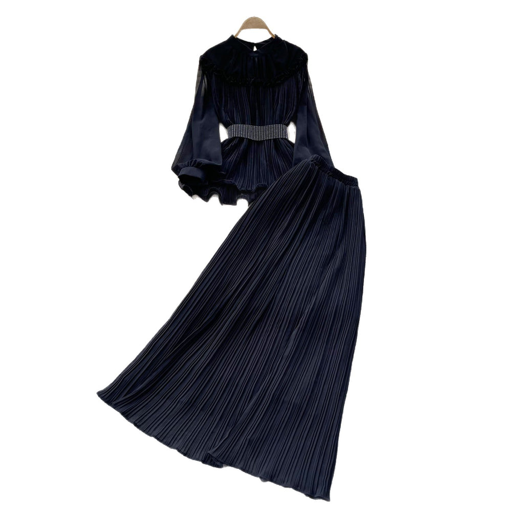 French work clothing style purple lantern sleeve waist pleated skirt for women autumelegantfashiontwo-piece set