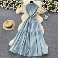 Sophisticated & chic: sleeveless denim maxi dress with metal buckle collar - a unique, high-end piece for women's summer casual wear