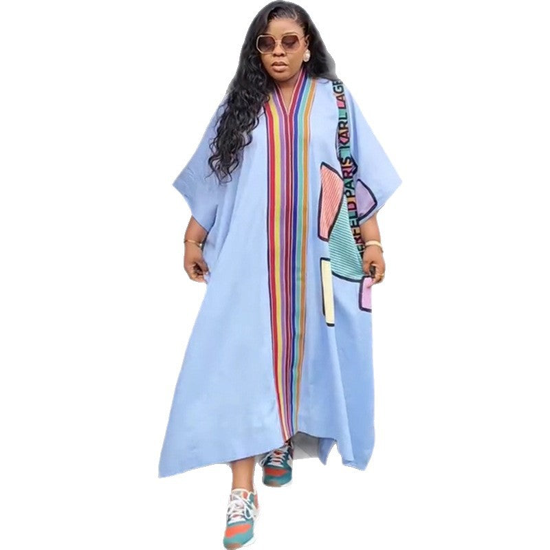 European and american cross-border african women's clothing  spring new arrival: elegant plus size printed loose v-neck robe dress