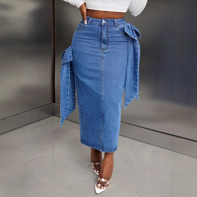 Pre-sale-65705# cross-border foreign trade women's fashion patchwork bow design high waist denim skirt