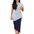 D493  foreign trade women's summer asymmetrical neck fashionable elegant short sleeve bodycon color block pencil skirt african dress
