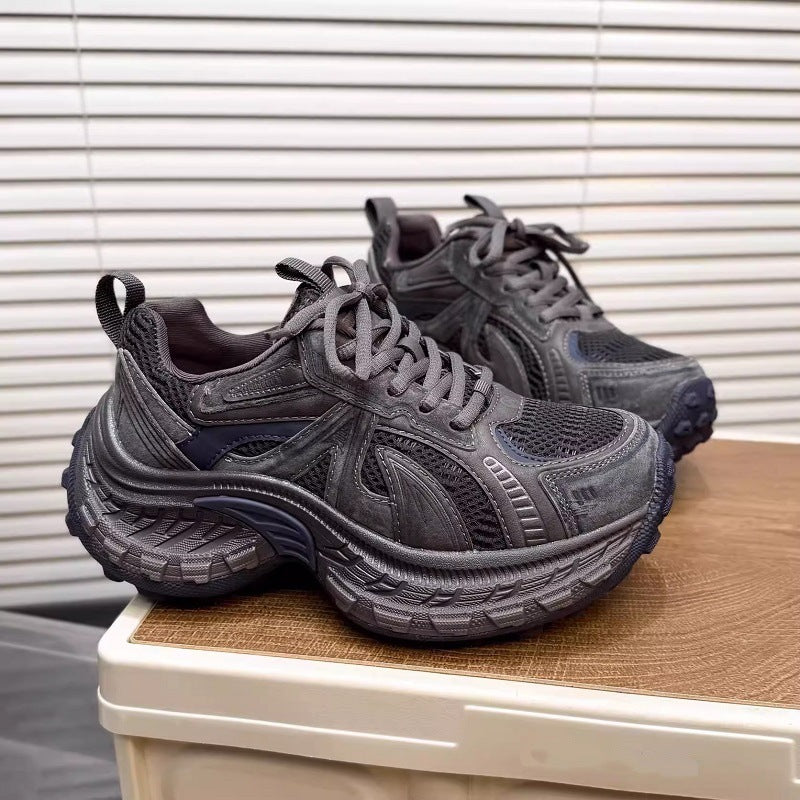 2026 spring new women's height-increasing chunky sneakers: versatile, lightweight, platform casual shoes with lace-up mesh upper - korean style athletic shoes