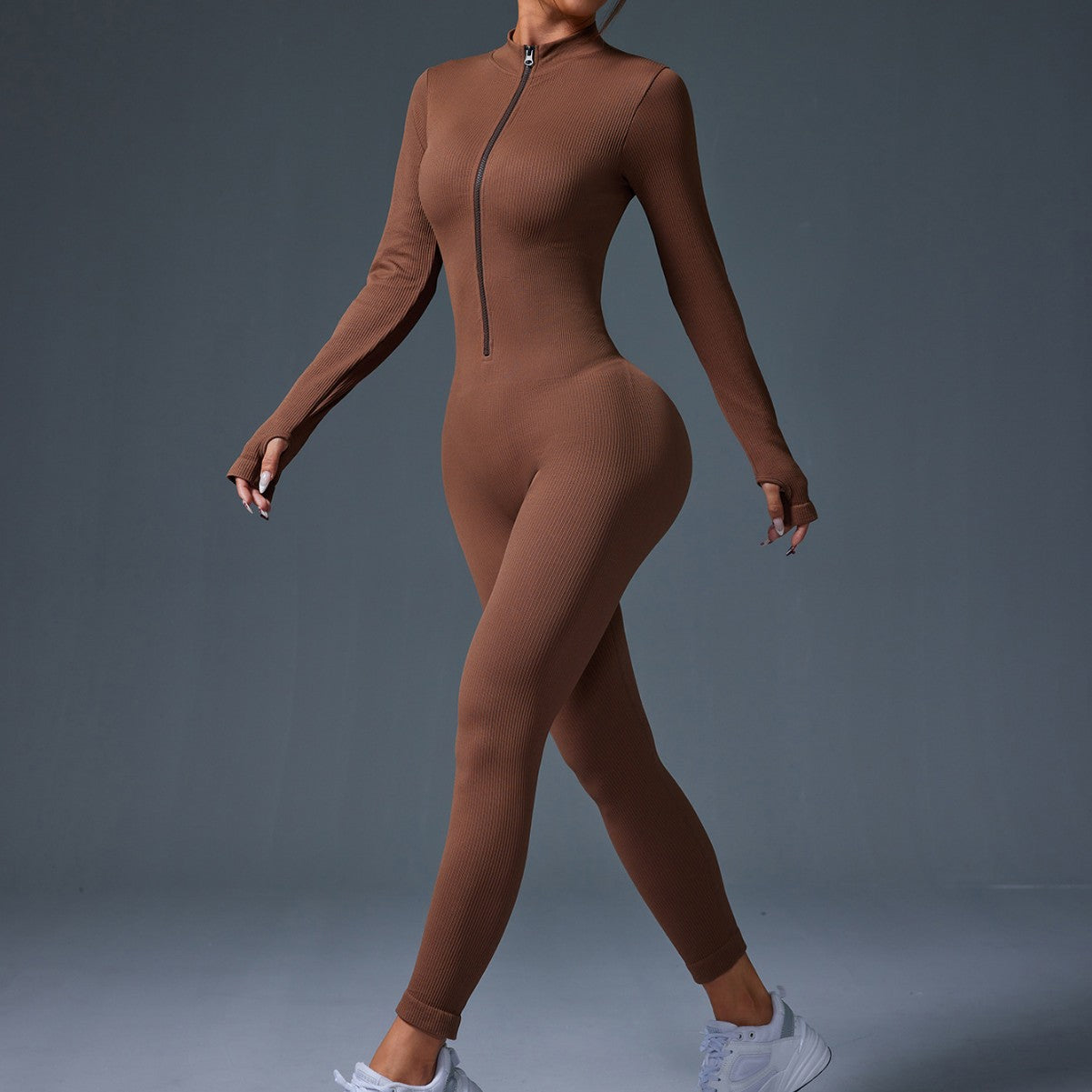 popular thick-threaded sports jumpsuit women's zipper thumb hole tight long-sleeved stand-up collar yoga clothes Europe and America