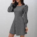 European and american cross-border   fall/winter new arrival: houndstooth chic elegant slim-fit puff sleeve women's dress