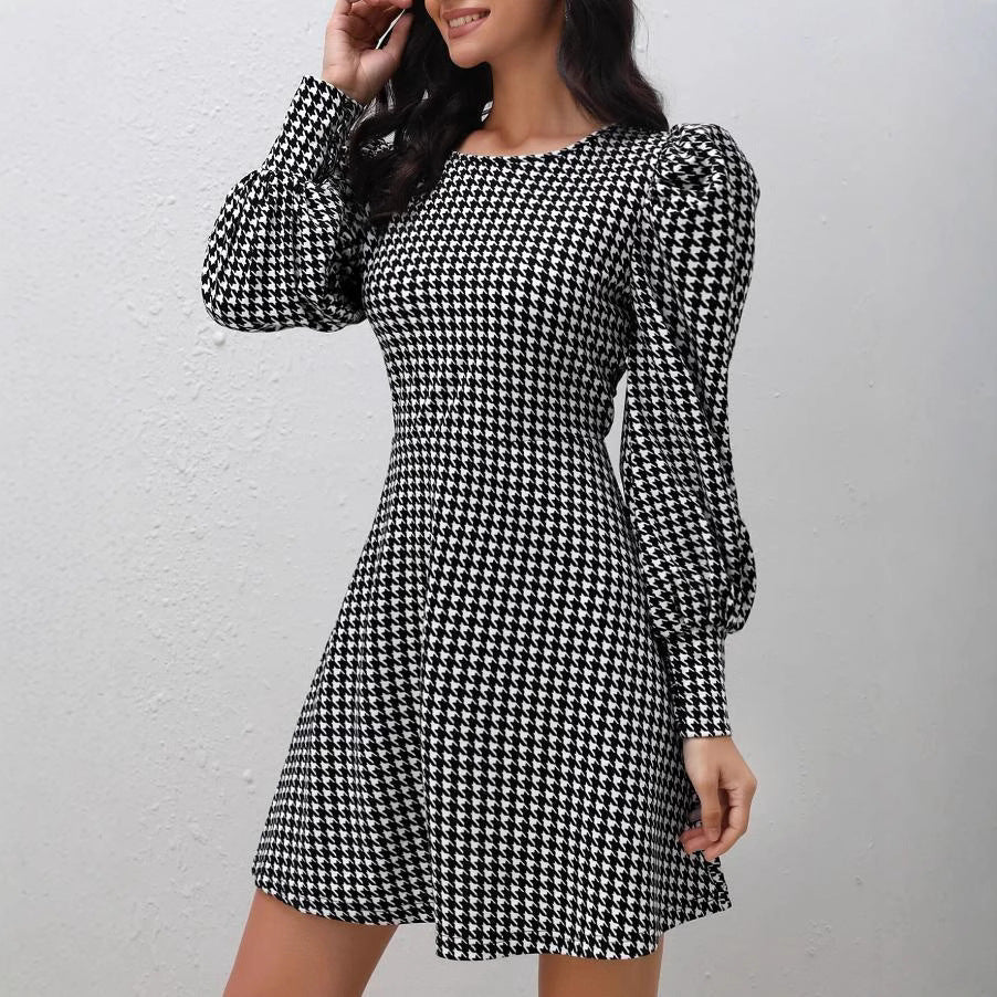 European and american cross-border   fall/winter new arrival: houndstooth chic elegant slim-fit puff sleeve women's dress