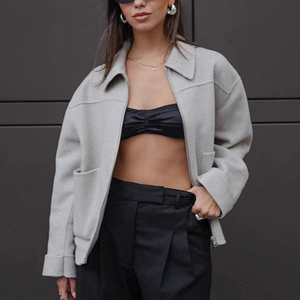 European and American  new 2025 autumn and winter woolen jacket women's simple gray versatile splicing long-sleeved warm cardigan