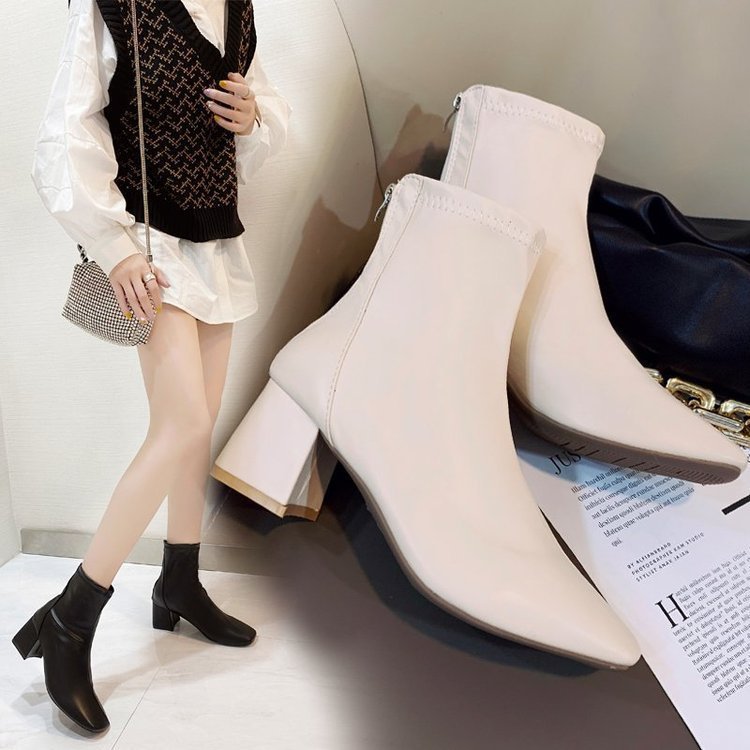 Martin boots for women 2024 new women's boots winter fashion square toe back zipper leather boots women's thick heel mid heel boots for women