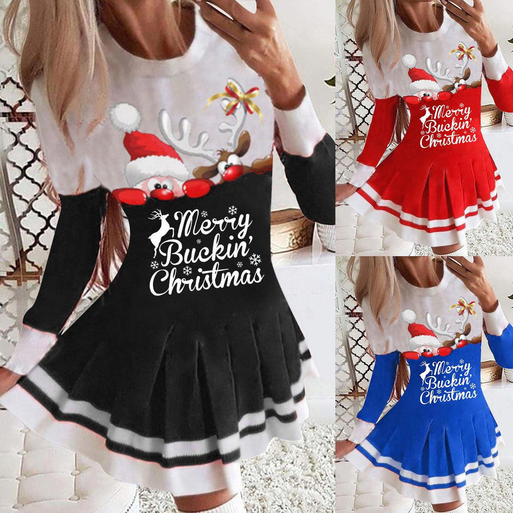 2025 european and american cross-border women's autumn/winter new collection: round neck long sleeve pleated casual party dress