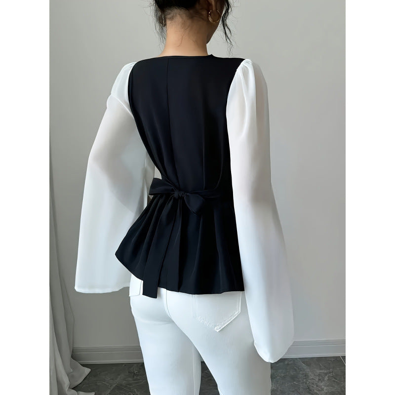 code new arrival  original women's black and whitecontrast colorpatchworktie back waist shirt
