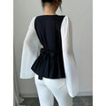 code new arrival  original women's black and whitecontrast colorpatchworktie back waist shirt