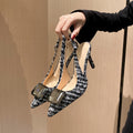 Wo huizhou 2026 new arrivalfashion tweed stylefashion baotou back hollow sandals thick woolen gemstone pointed toe thin heel