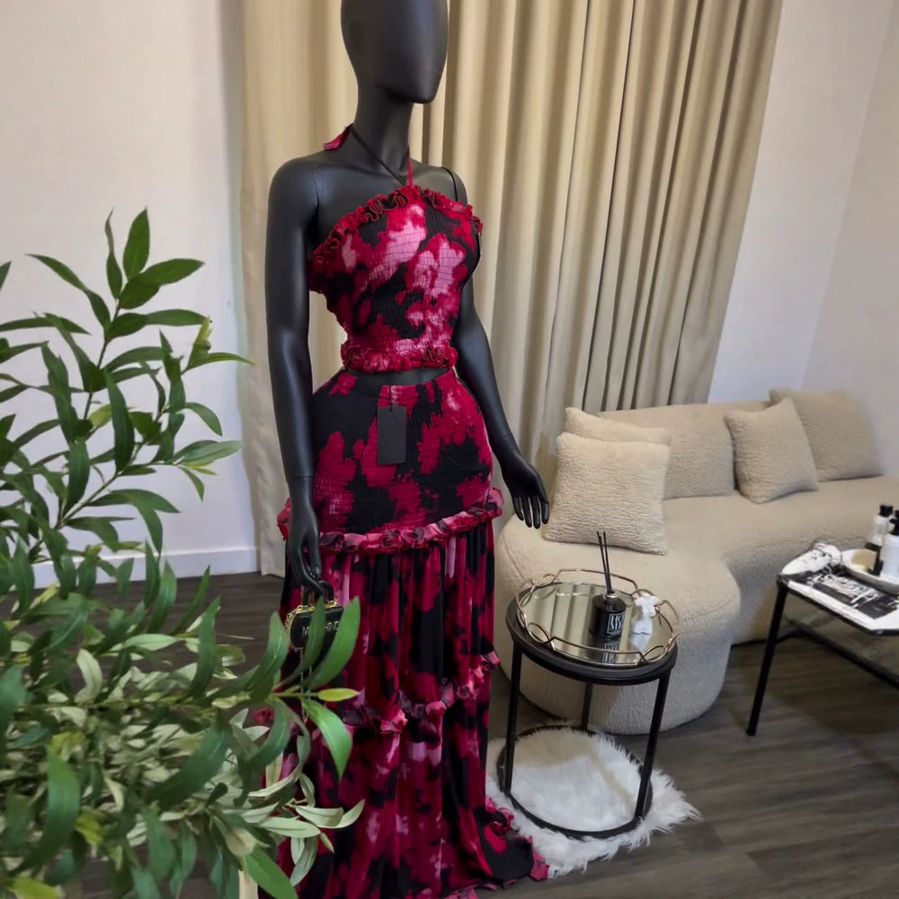 European and american cross-border women's clothing:  summer new arrival - elegant printed halter neck ruffle top and midi skirt set