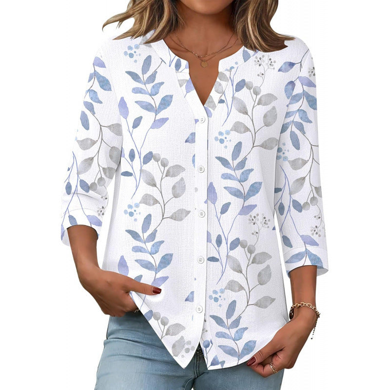 Amazon european goods  summer button-down shirt, three-quarter sleeve v-neck blouse, fashionable casual loose top